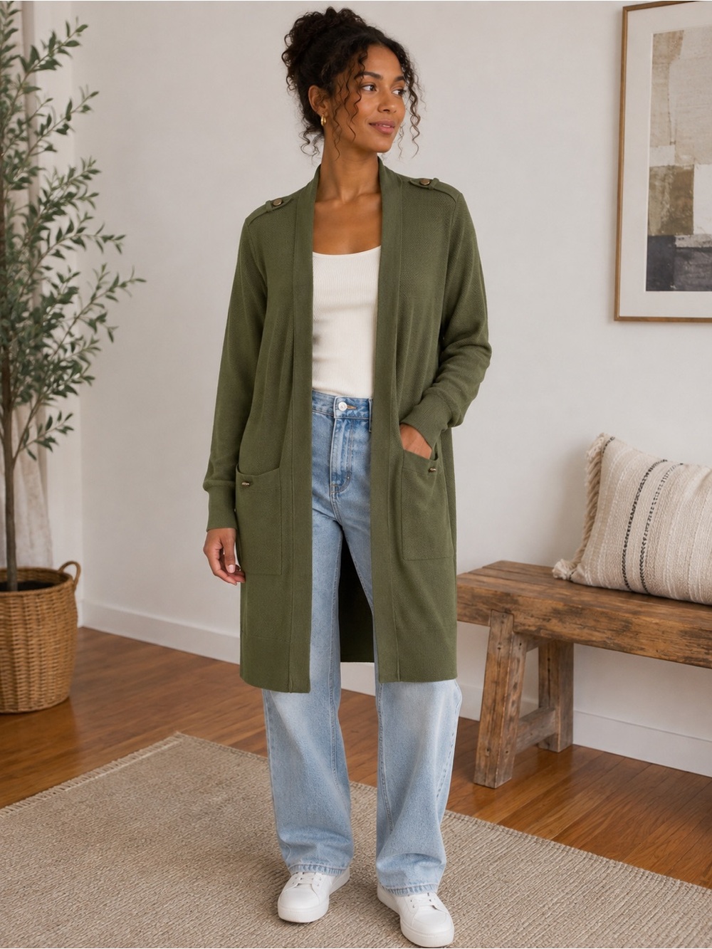 Talbots Women’s Olive Green Cotton & Cashmere Blend Long Cardigan. Size: Medium
